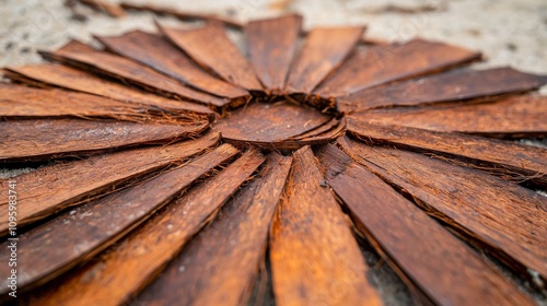 Coconut Palm Fiber A circular arrangement of textured, brown wooden pieces creates a striking visual resembling a flower or sunburst on a natural surface.