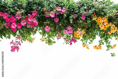Colorful flowers cascading, vibrant, green foliage.