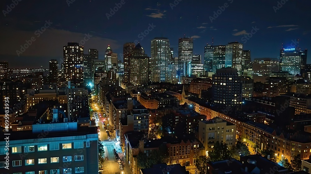 Fototapeta premium Bostonâ€™s skyline at night, with skyscrapers glowing in the city lights.
