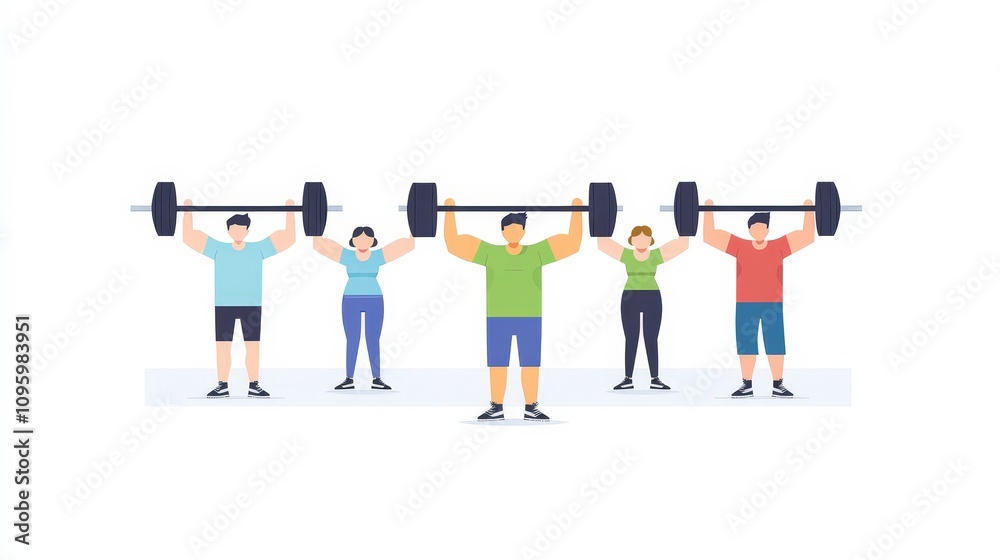 Obraz premium Diverse Group of Young Adults Lifting Weights Together in a Bright, Minimalistic Setting Promoting Fitness, Strength, and Team Spirit in a Health-Conscious Lifestyle