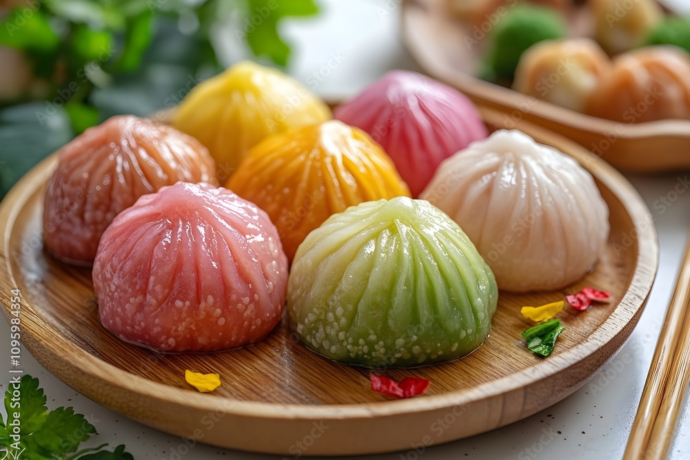 Cute and delicious mochi rice cakes in the shape of round balls of various colors are placed on a round tray on a white table. Cute and delicious mochi rice cakes in the shape of round balls of various colors are placed on a round tray on a white table.