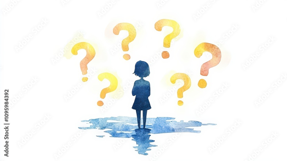 Thoughtful girl in silhouette standing in water with colorful question marks above symbolizing curiosity, uncertainty, and the search for answers in life challenges