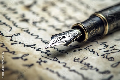 A vintage fountain pen resting on an old-fashioned, handwritten letter, with the inked writing visible in the background