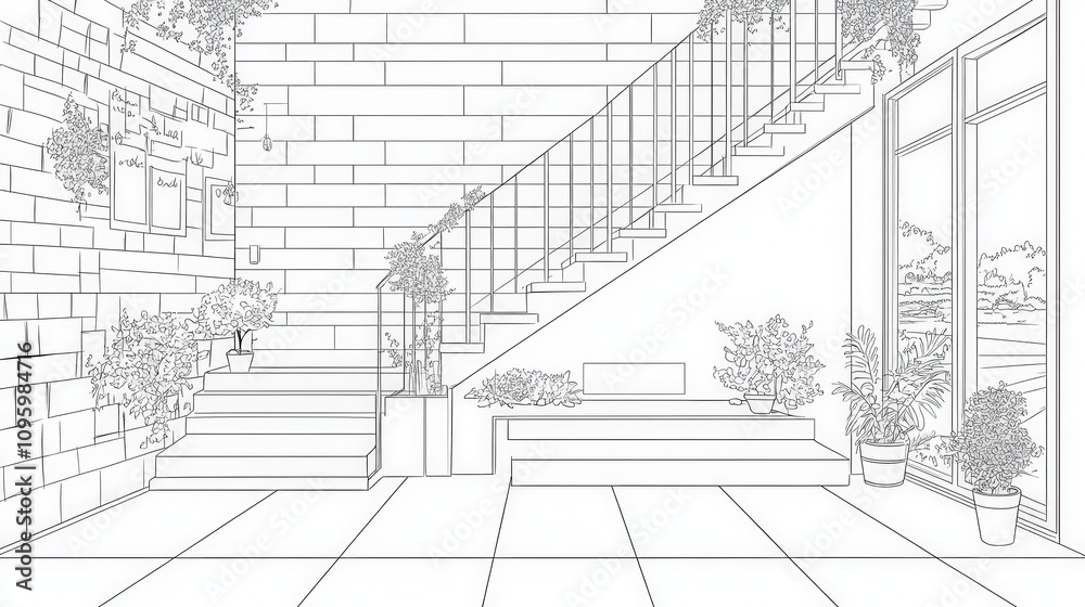 Elegant and Minimalist Indoor Staircase with Potted Plants and Bright Windows in a Contemporary Architectural Setting for Line Art Lovers Elegant and Minimalist Indoor Staircase with Potted Plants and Bright Windows in a Contemporary Architectural Setting for Line Art Lovers