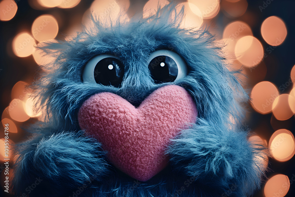 Fototapeta premium 3D Fuzzy Monster Holds Heart, Romantic Abstract Background