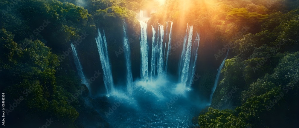 Fototapeta premium This is an aerial view of a magnificent and beautiful waterfall where a lot of water falls on a mountain with many green trees, creating a rainbow.