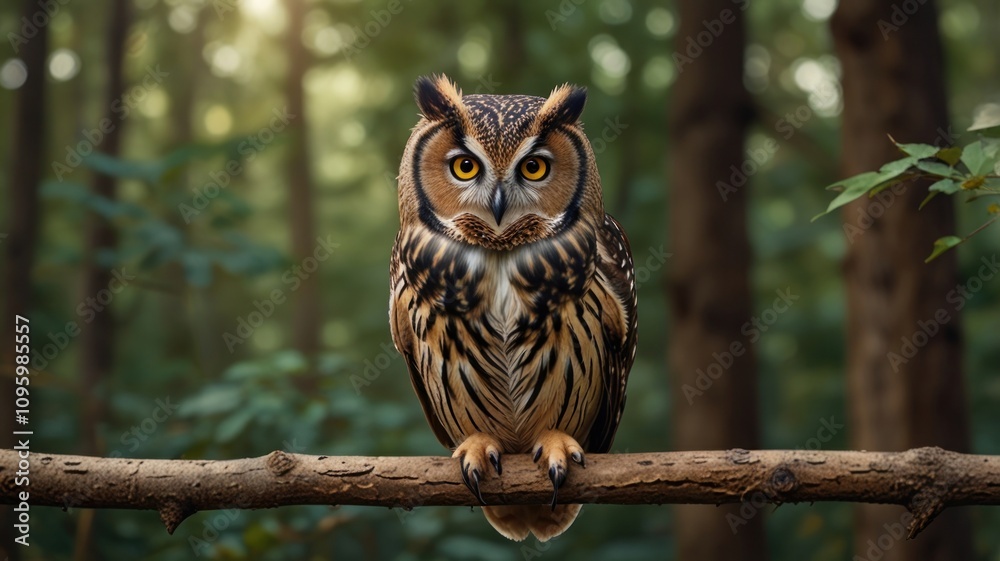 Majestic owl perched on branch in forest.