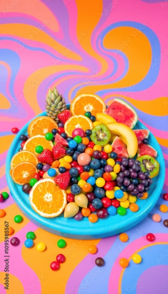 fruits are displayed, including oranges, strawberries, blueberries, grapes, kiwi, watermelon, and more. They are rendered with a smooth, almost plastic-like texture and slightly exaggerated features, fruits are displayed, including oranges, strawberries, blueberries, grapes, kiwi, watermelon, and more. They are rendered with a smooth, almost plastic-like texture and slightly exaggerated features,