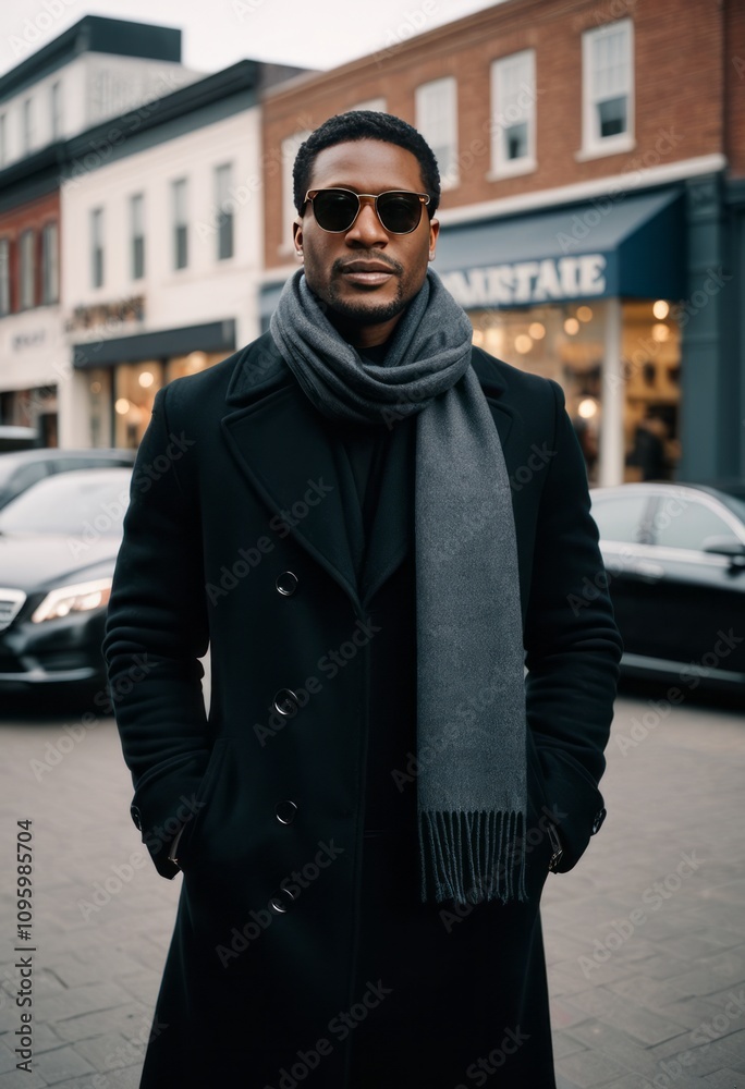 man wearing black coat and scarf, urban street background, sunglasses, casual fashion, daytime, cars in the background, storefronts, confident pose, overcast sky, modern city ambiance
