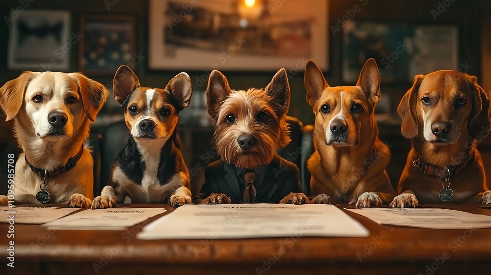 Dogs in suits meeting around a table fun concept indoor setting