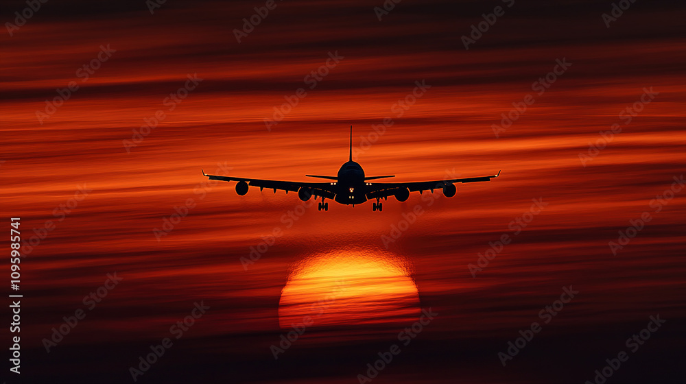 Airplane in mid-flight against a vibrant sunset sky, symbolizing travel and aviation services, dramatic and inspiring stock photography. Airplane in mid-flight against a vibrant sunset sky, symbolizing travel and aviation services, dramatic and inspiring stock photography.