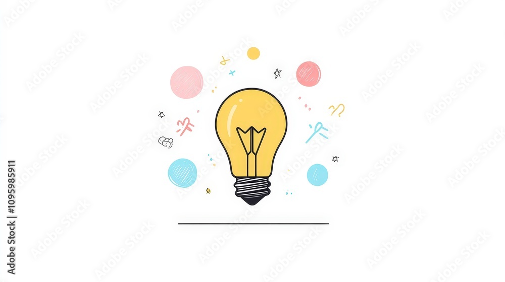 Bright and Colorful Light Bulb Illustration Surrounded by Whimsical Elements Representing Creativity and Ideas, Perfect for Inspiration and Innovation Themes Bright and Colorful Light Bulb Illustration Surrounded by Whimsical Elements Representing Creativity and Ideas, Perfect for Inspiration and Innovation Themes