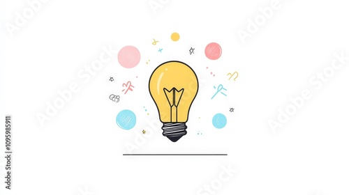 Bright and Colorful Light Bulb Illustration Surrounded by Whimsical Elements Representing Creativity and Ideas, Perfect for Inspiration and Innovation Themes