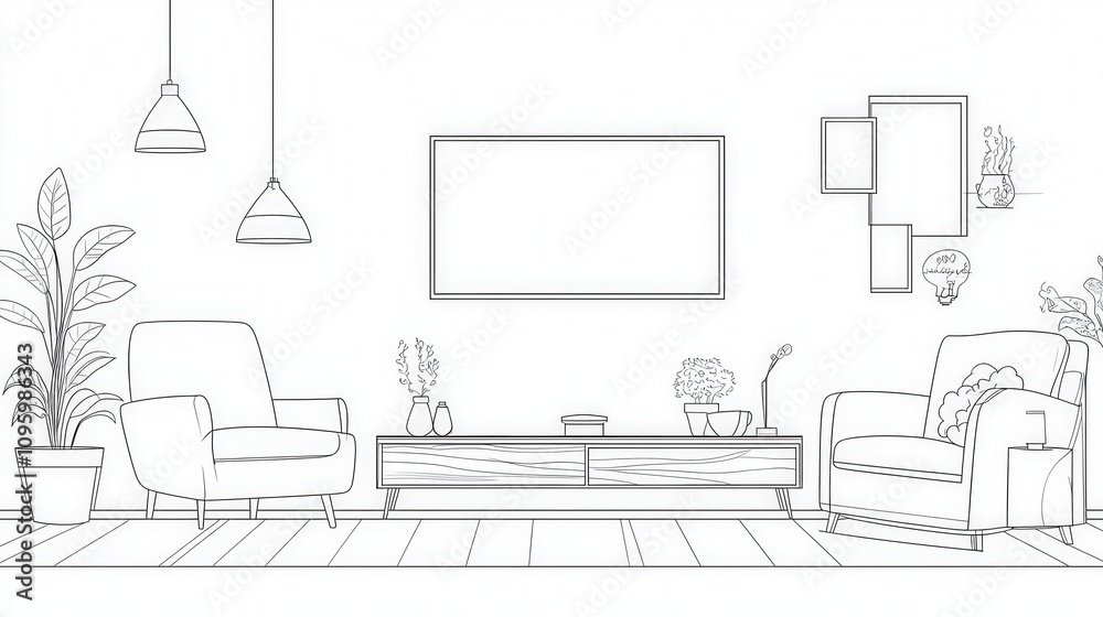 Minimalist Outline of a Cozy Living Room with Stylish Furniture, Decorative Plants, and a Modern Entertainment Center for Elegant Home Decor Inspiration Minimalist Outline of a Cozy Living Room with Stylish Furniture, Decorative Plants, and a Modern Entertainment Center for Elegant Home Decor Inspiration