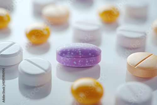 Colorful medical and nutritional pills and capsules lie on white floor.