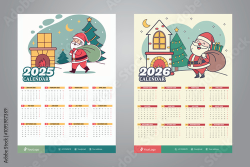 2025 and 2026 Wall Calendar design with christmas cartoon background