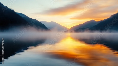 Serene Dawn Over a Secluded Mountain Lake Surrounded by Mist and Reflected Colors of Sunrise