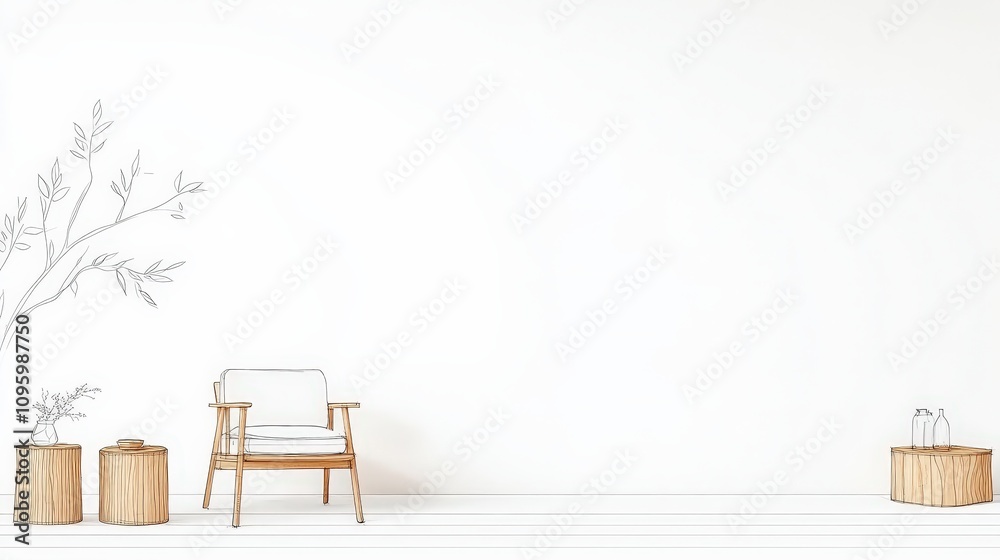 Fototapeta premium Minimalist Interior Design Featuring a Cozy Armchair, Wooden Tables, and Simple Line Art for a Modern Relaxation Space in Bright Natural Light