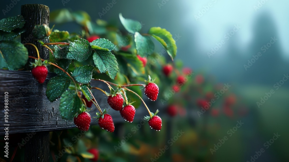 Fototapeta premium Strawberry Garden Tart Lush raspberry plants glisten with dew, showcasing vibrant red berries nestled among green leaves in a serene, foggy landscape.
