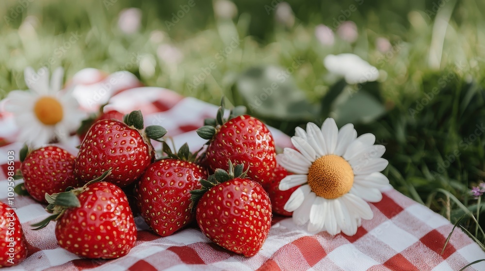 Strawberry Garden Tart Fresh strawberries on a checkered picnic blanket, accompanied by a white daisy, set against a lush green background. Strawberry Garden Tart Fresh strawberries on a checkered picnic blanket, accompanied by a white daisy, set against a lush green background.
