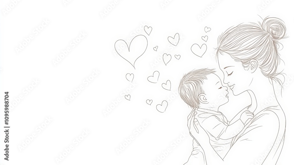 Tender Moment Between Mother and Baby Illustrated with Soft Lines and Love Hearts in a Minimalist Style for Family or Parenting Themes Tender Moment Between Mother and Baby Illustrated with Soft Lines and Love Hearts in a Minimalist Style for Family or Parenting Themes