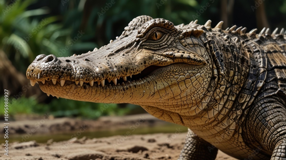 Obraz premium Close-up of a young alligator's head and neck, showing detailed scales and teeth.