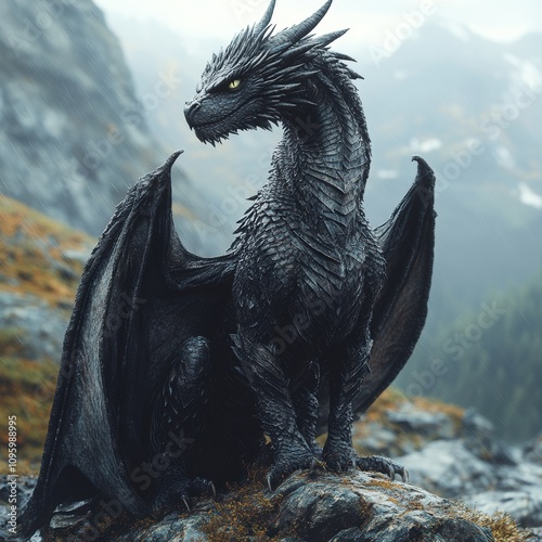 A black dragon sits on a rocky outcropping, its wings spread wide.