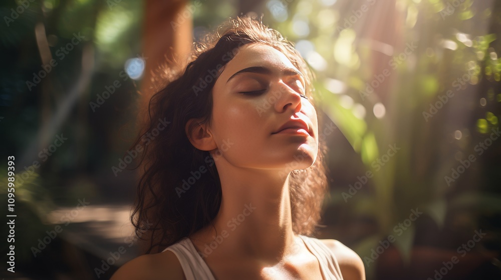 Mindful young hispanic woman practicing yoga in a lush tropical park on a sunny day Mindful young hispanic woman practicing yoga in a lush tropical park on a sunny day