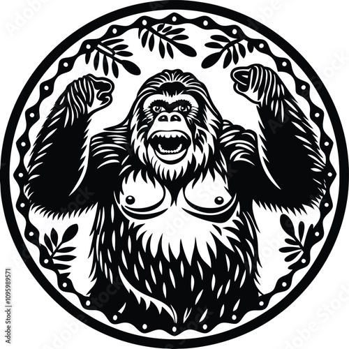 Gorilla with laughing out loud face, simple lines, a stencil clipart featuring the silhouette of a Gorilla.