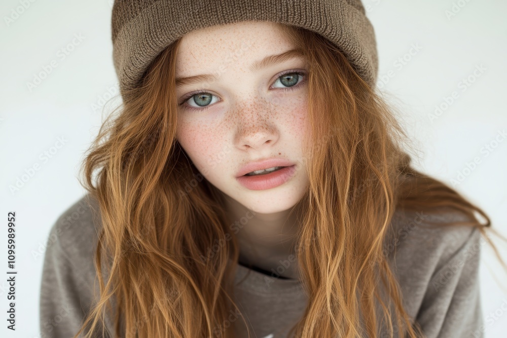 Close-up portrait of a young woman with red hair and freckles wearing a brown beanie looking at the camera. Close-up portrait of a young woman with red hair and freckles wearing a brown beanie looking at the camera.