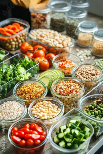 Organized jars of healthy food ingredients.