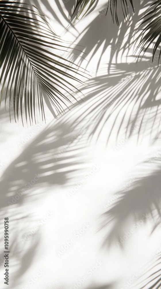Fototapeta premium Palm leaves cast shadows on white background.