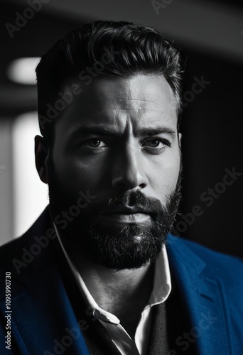 portrait of a bearded man, intense gaze, monochrome with blue highlights, dramatic lighting, formal attire, sharply focused, soft blurred background 