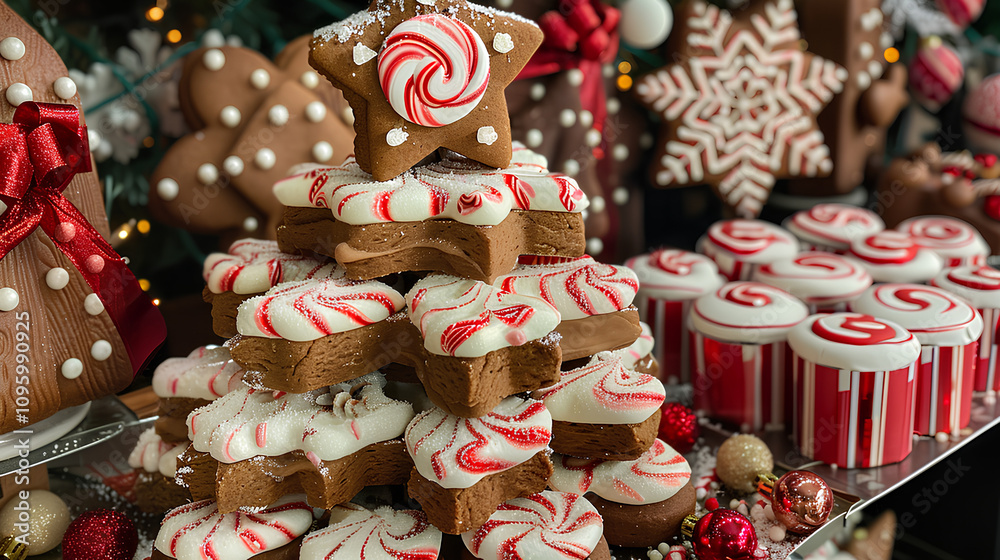 A festive gingerbread house, adorned with candy canes and icing, stands proudly among a collection of beautifully decorated Christmas cookies. The scene evokes the warmth and joy of the holiday season A festive gingerbread house, adorned with candy canes and icing, stands proudly among a collection of beautifully decorated Christmas cookies. The scene evokes the warmth and joy of the holiday season