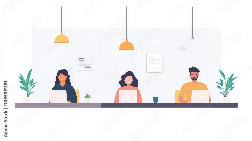 Three Diverse Individuals Working Together in a Modern Office Space with Laptops, Houseplants, and Stylish Lighting in a Bright and Friendly Atmosphere Three Diverse Individuals Working Together in a Modern Office Space with Laptops, Houseplants, and Stylish Lighting in a Bright and Friendly Atmosphere