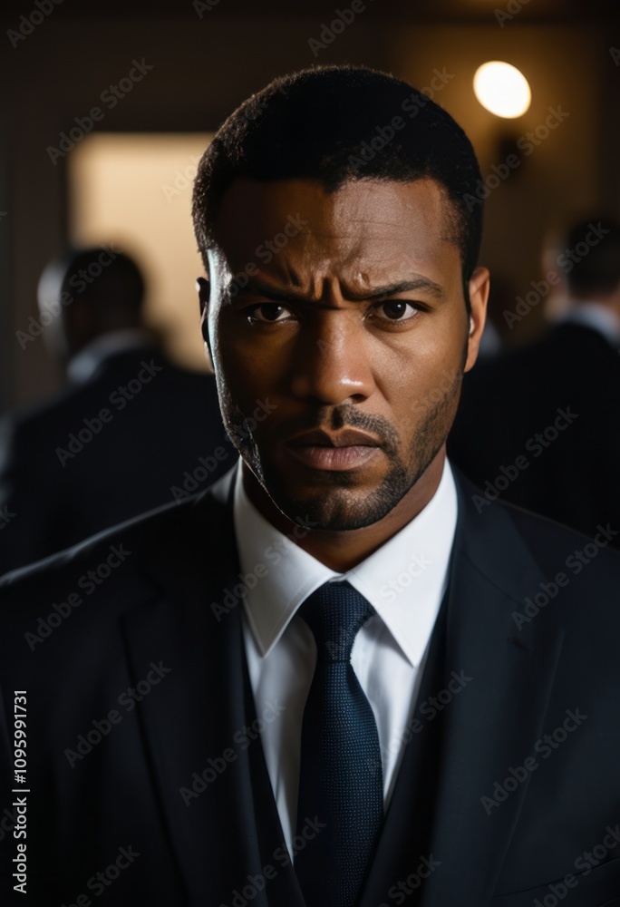 Man in a black suit, intense expression, formal setting, dim lighting, serious atmosphere, depth of field, focus on face, professional environment, cinematic style.
Man in a black suit, intense expression, formal setting, dim lighting, serious atmosphere, depth of field, focus on face, professional environment, cinematic style.