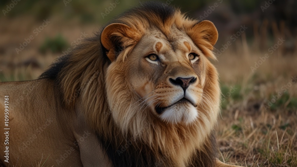 Majestic male lion resting in savanna grassland, looking towards the horizon. Majestic male lion resting in savanna grassland, looking towards the horizon.