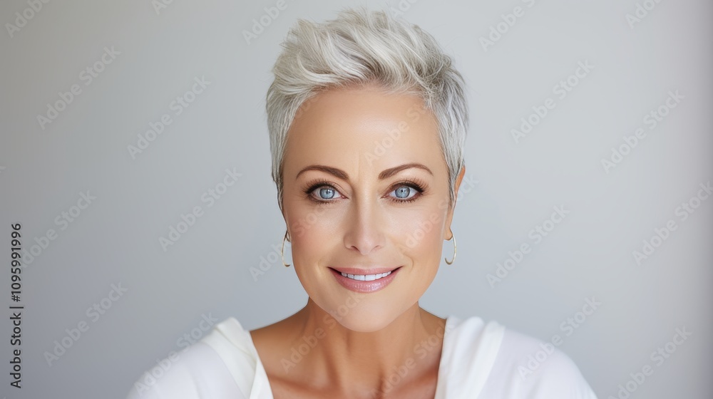 Stunning mature woman with radiant skin posing for a close up portrait on a white background Stunning mature woman with radiant skin posing for a close up portrait on a white background