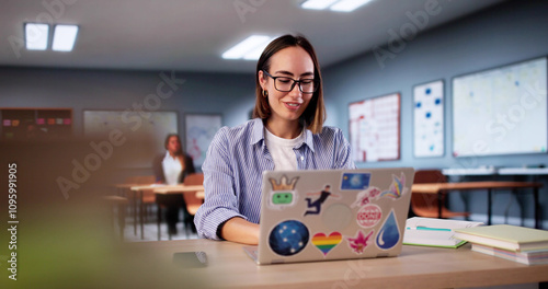 Designer Student Girl In At Class Using Laptop