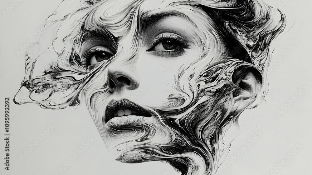 Fototapeta premium Abstract Monochrome Drawing: Woman's Face Transformed by Swirling Ink, Captivating Artistic Expression