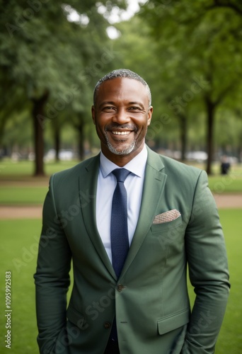 Professional man, wearing a green suit, smiling confidently, standing in a park, summer day, lush green trees in the background, soft natural lighting, sharp focus, serene atmosphere 