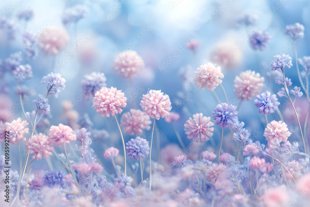 Naklejka premium Pastel Flower Field: A Dreamy 3D Render of Delicate Blooms in Soft Pink and Blue Hues