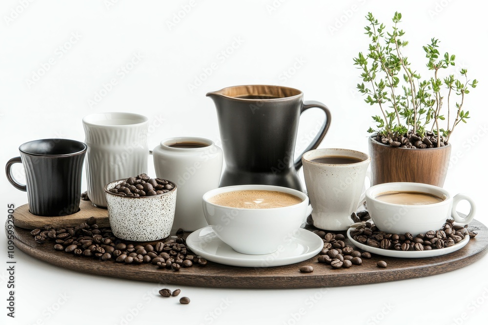 Fototapeta premium Coffee cups, beans, pot, plant, wooden tray.