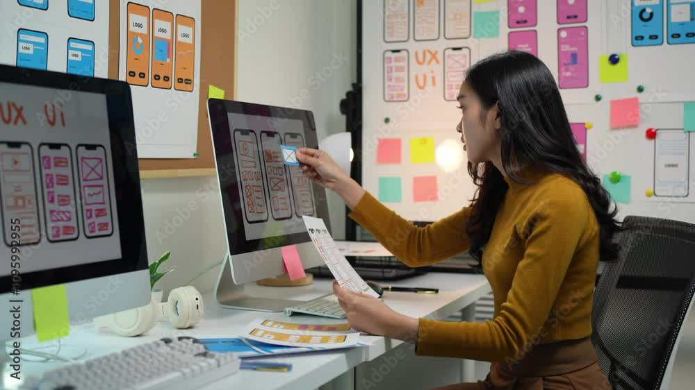 Web designer, mobile app development, creative planning, wireframe design, user experience concept, Asian female UX designer working on modern smartphone applications.