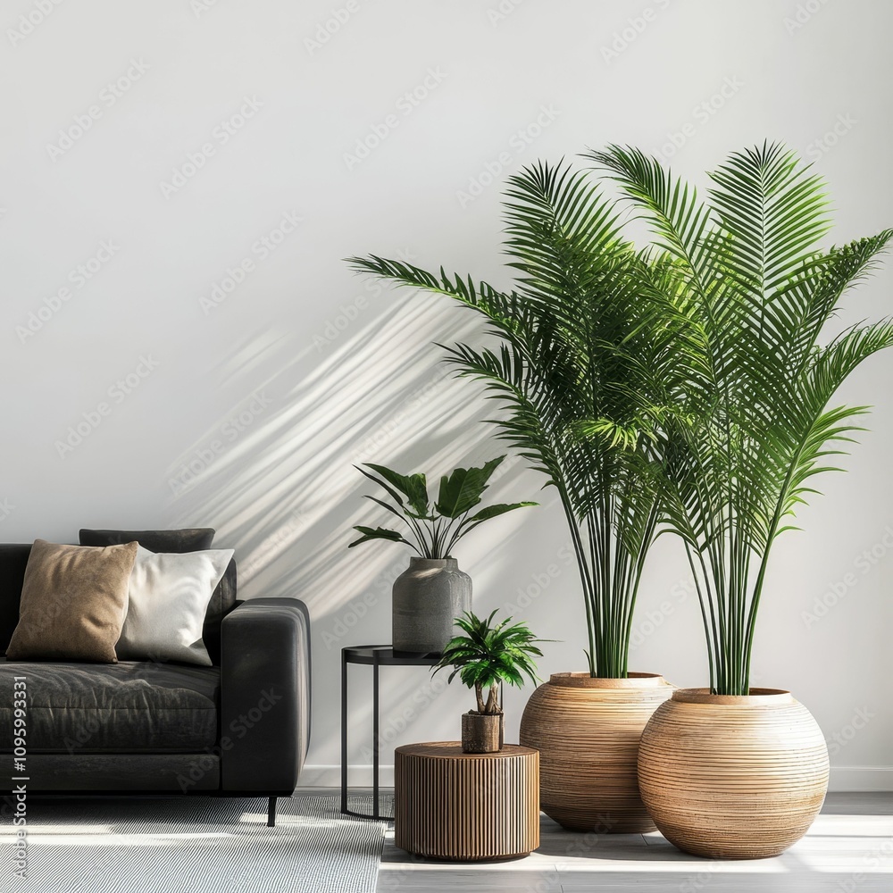 Obraz premium Modern living room, plants, sofa, side tables.