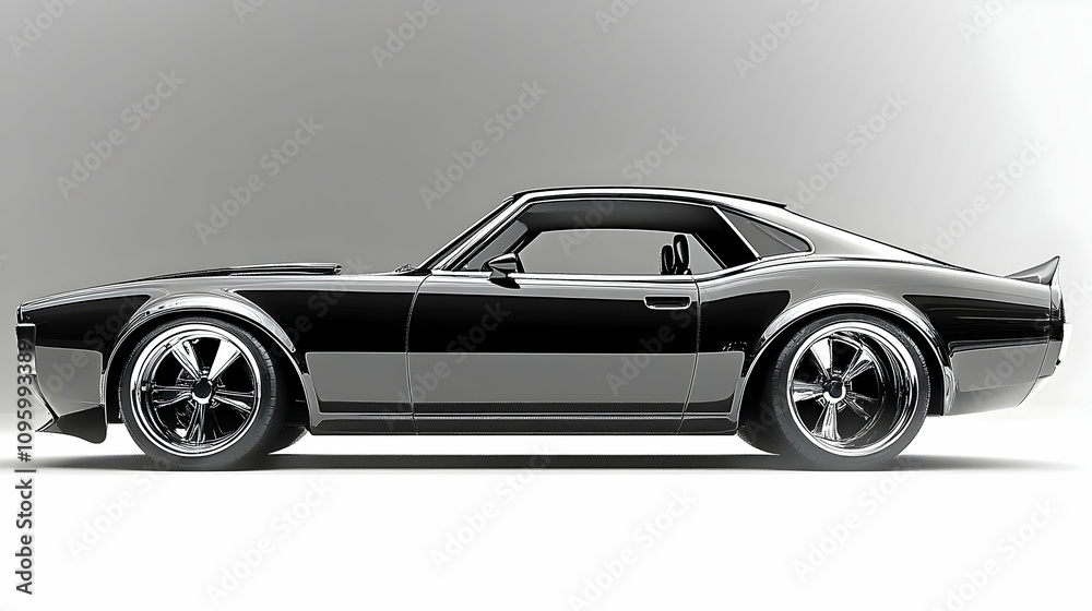 Sleek Black Classic Muscle Car: 3D Render of a Vintage Coupe with Chrome Wheels, Studio Lighting Sleek Black Classic Muscle Car: 3D Render of a Vintage Coupe with Chrome Wheels, Studio Lighting