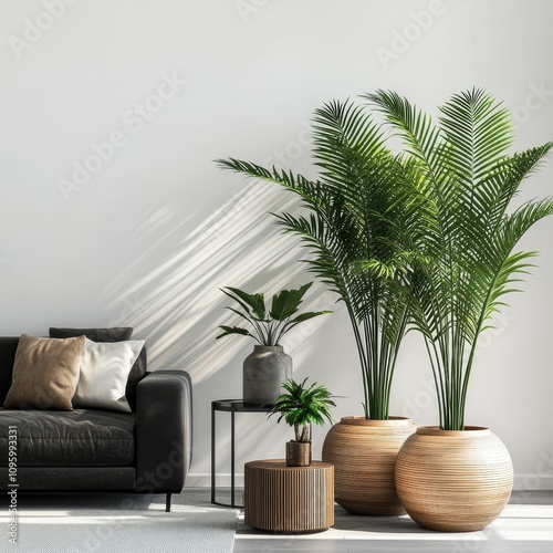 Modern living room, plants, sofa, side tables.