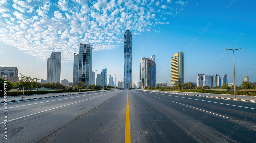 Fototapeta premium A solitary skyscraper surrounded by empty streets and a clear sky.