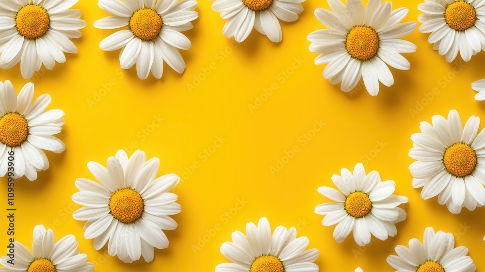 Obraz premium A vibrant yellow background adorned with white daisies, creating a cheerful and fresh aesthetic.
