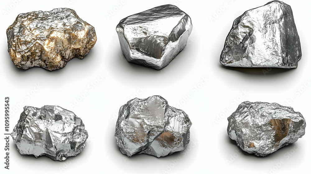 3D Render of Six Metallic Rocks: Silver and Gold, Irregular Shapes, White Background 3D Render of Six Metallic Rocks: Silver and Gold, Irregular Shapes, White Background